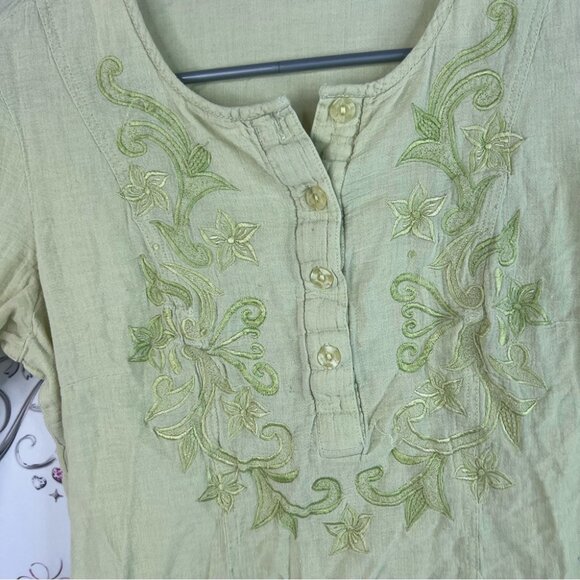 Long sleeve shirt Embroidered Green Top floral flowers paisley button down - Picture 6 of 11